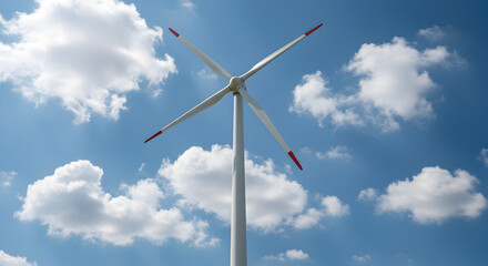 Wind Turbine with Red Tips Standing Against a Blue Sky Full of Fluffy White Clouds Generating Green Energy