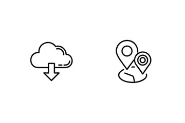 Cloud Download And Map Pin Location Black Line Icons Minimalist Design