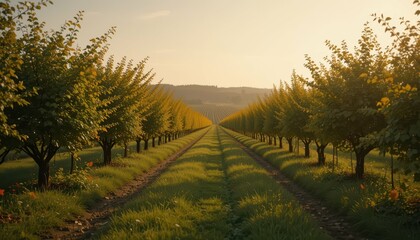 Obraz premium Tranquil Pathway Through Vibrant Autumn Tree Grove at Sunset
