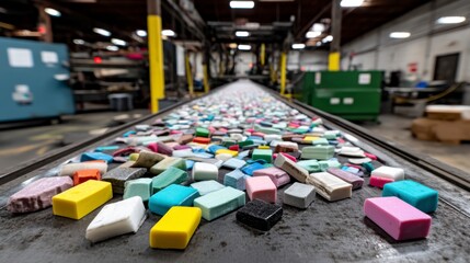 Obraz premium Colorful plastic pieces move along a conveyor belt in a factory setting.