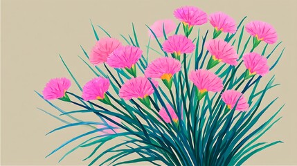 Obraz premium A cluster of vibrant pink flowers with green stems against a beige background