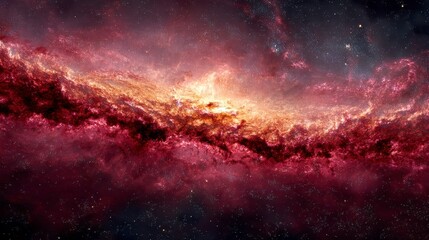Obraz premium Cosmic clouds of gas and dust in deep space, swirling nebulae in red, pink, and gold hues.