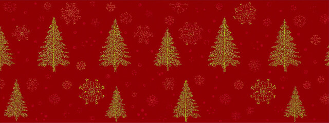 A cute Christmas pattern with gold glitter trees and snowflakes on a red background, a seamless texture for holiday packaging or social media banner design