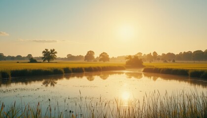 Serene Sunrise Over Tranquil Lake Surrounded by Lush Greenery