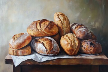 Freshly baked craft bread made from eco-flour with a crispy crust looks appetizing on a minimalist gray background, emphasizing the naturalness and warmth of homemade baking.