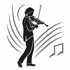 Silhouette Of Violinist Performing With Music Notes And Strings For Illustration