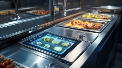 Explore a modern automated food processing line featuring sleek stainless steel machinery and glowing touchscreens for ready meals.