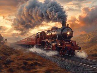 Steam train travels on tracks emitting smoke against a sunset or sunrise sky.