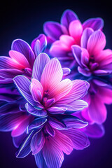 Glowing purple flowers with neon accents reflecting beautifully in dark