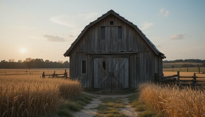 Obraz premium Vintage Wooden Barn Surrounded by Golden Wheat Fields at Sunset