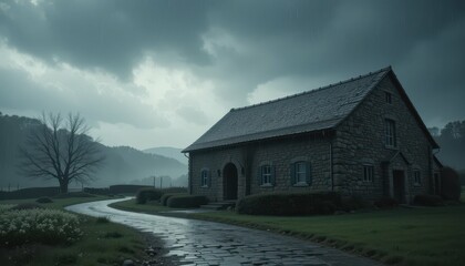 Obraz premium Weathered Stone House in Dark Rainy Landscape at Dusk