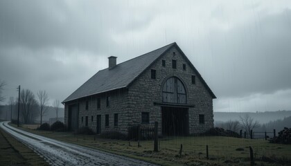 Obraz premium Rustic Barn Under Dark Clouds on a Rainy Day in the Countryside