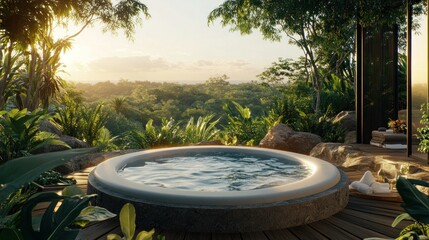 Fototapeta premium Outdoor hot tub nestled in a tropical paradise. Lush greenery, a serene view, and a tranquil atmosphere