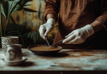 Ceramic artist mixing clay