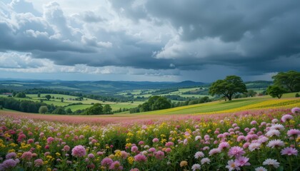Obraz premium Lush Flower Field Under Dramatic Cloudy Sky Near Rolling Hills