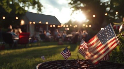 A lively backyard barbecue scene adorned with small American flags, as friends and family gather in remembrance, creating a warm atmosphere.