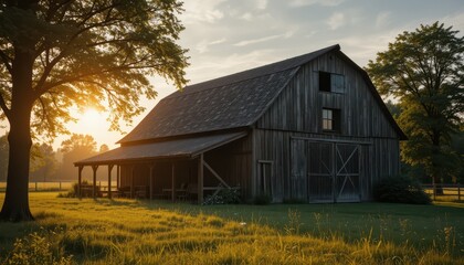 Fototapeta premium Rustic Barn at Sunrise Surrounded by Lush Greenery and Trees