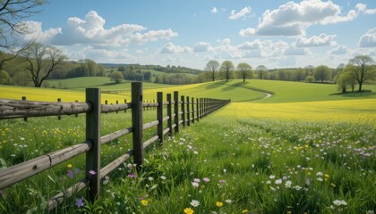 Fototapeta premium Serene Landscape with Green Fields and Wooden Fence under Bright Sky
