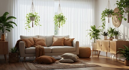 Fototapeta premium Living Room with Sofa and Plants in a Bright Airy Interior