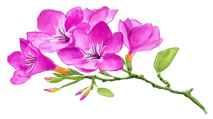 Vibrant pink blossoms on a slender stem, watercolor-style rendering