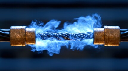 Overheated electrical cable with intense blue smoke.  A close-up view of a damaged cable emitting thick, intense blue smoke.  The cable is connected with copper-colored connectors