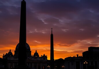 Sunset Silhouette of St. Peter's Basilica and Obelisks in Vatican City