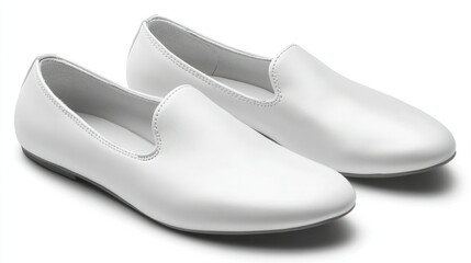 Pair of white slip-on flats, smooth leather-like material, classic design, comfortable, low-profile sole