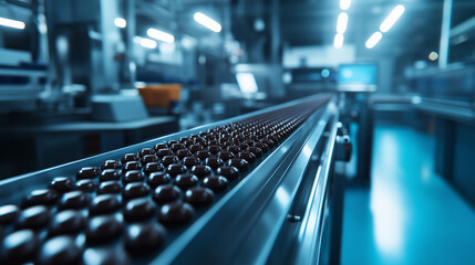 Fototapeta premium Sleek conveyor belt transports rows of freshly molded chocolate bars through stainless steel machinery in a pristine, fully automated factory environment