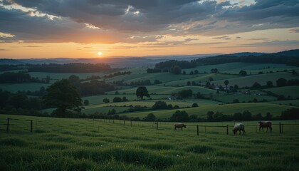 Serene Landscape with Pastoral Scene at Sunset in Countryside