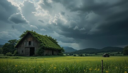 Stormy Sky Over Verdant Field and Rustic Barn in Nature Scene