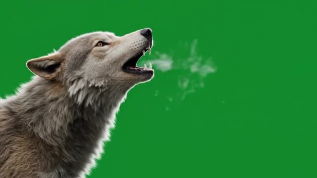 Dynamic wolf howling against a green screen backdrop. Perfect for video editing, nature documentaries, or wildlifethemed presentations on screens.