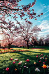Springtime Blossom and Colorful Flowers in Park