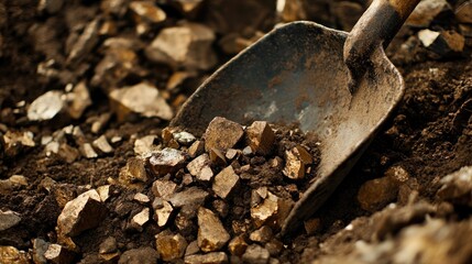 Unearthing Riches: A Close-Up of a Shovel Filled with Gold Nuggets
