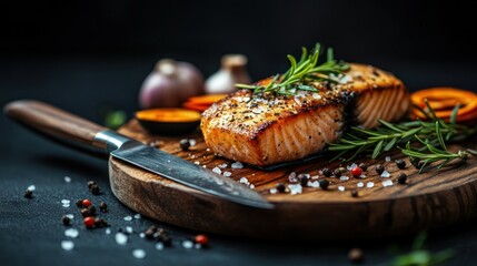 Pan-seared salmon fillet, garnished with rosemary and herbs, resting on a wooden board.  Aromatic and delicious