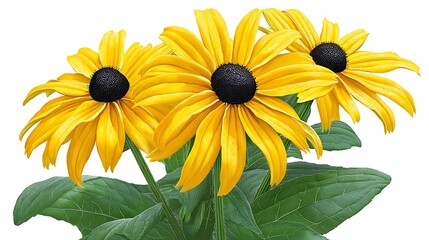 Naklejka premium Vibrant yellow flowers with dark centers, lush green leaves, isolated on white