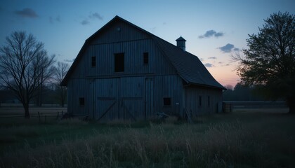 Obraz premium Rustic Barn at Dusk with Calm Sky and Surrounding Nature Landscape
