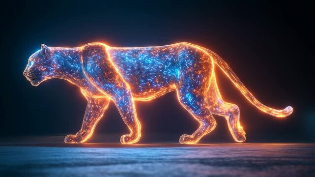 3d render of abstract art with surreal wild king  panther animal in walk process based on neon glowing curve wavy lines forms in purple red and white color on black background  
