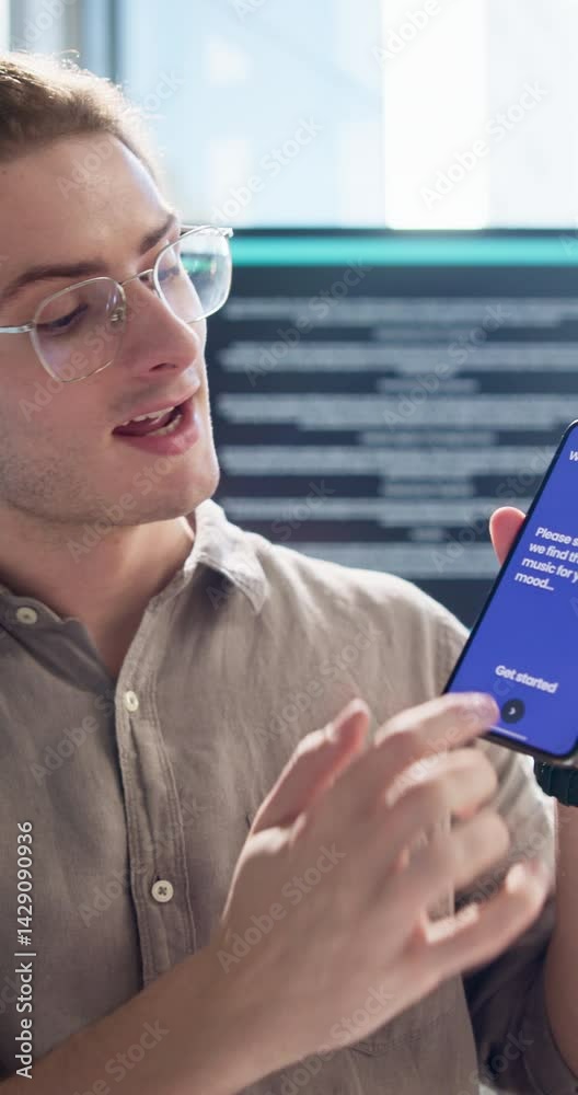 Poster Man, programmer or phone screen with presentation for app design, UX or new UI at office. Male person, software developer or web designer with mobile smartphone for user demonstration or AI function