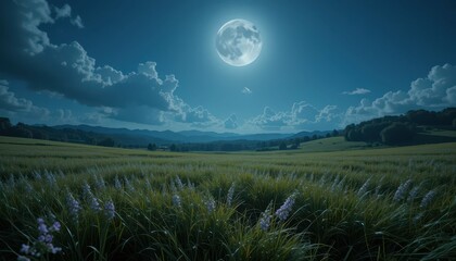 Serene Moonlit Landscape Over Rolling Hills and Lush Grass Fields