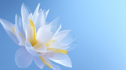 Obraz premium Blue gradient background, light blue and white color scheme, abstract style, transparent frosted glass flower decoration, three-dimensional sense of space, colored petals with.