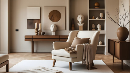 Minimalist living room with sculptural vases, dried branch décor and a neutral color palette
