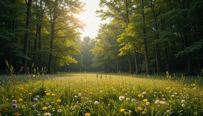 Serene Forest Meadow with Colorful Wildflowers and Sunlight