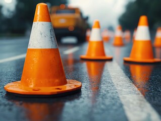 Traffic management action with orange cones on wet road urban environment close-up view for safety awareness