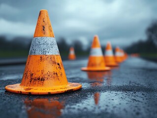 Traffic control event with orange cones on wet road urban environment low angle view safety concept