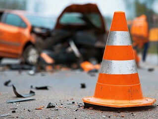Traffic accident scene with orange cone urban road photo collision aftermath close-up safety awareness