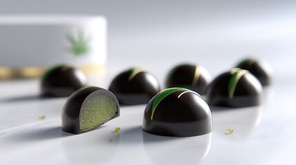 a hyper-realistic product photograph of gourmet CBD-infused bonbons arranged on a minimalist surface, glossy and elegant dark chocolate shells with green or gold accents, one.
