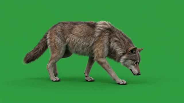 Wolf on a green screen, perfect for compositing in various projects like film, animation, or digital art for whimsical effects.