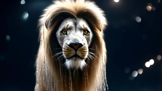 3d render of abstract art with surreal wild king lion animal in walk process based on neon glowing curve wavy lines forms in purple red and white color on black background  
