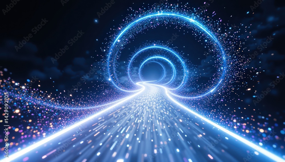 Poster dynamic light trails creating a mesmerizing pathway digital realm visual art futuristic environment 
