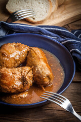 Tasty roulades beef on plate.